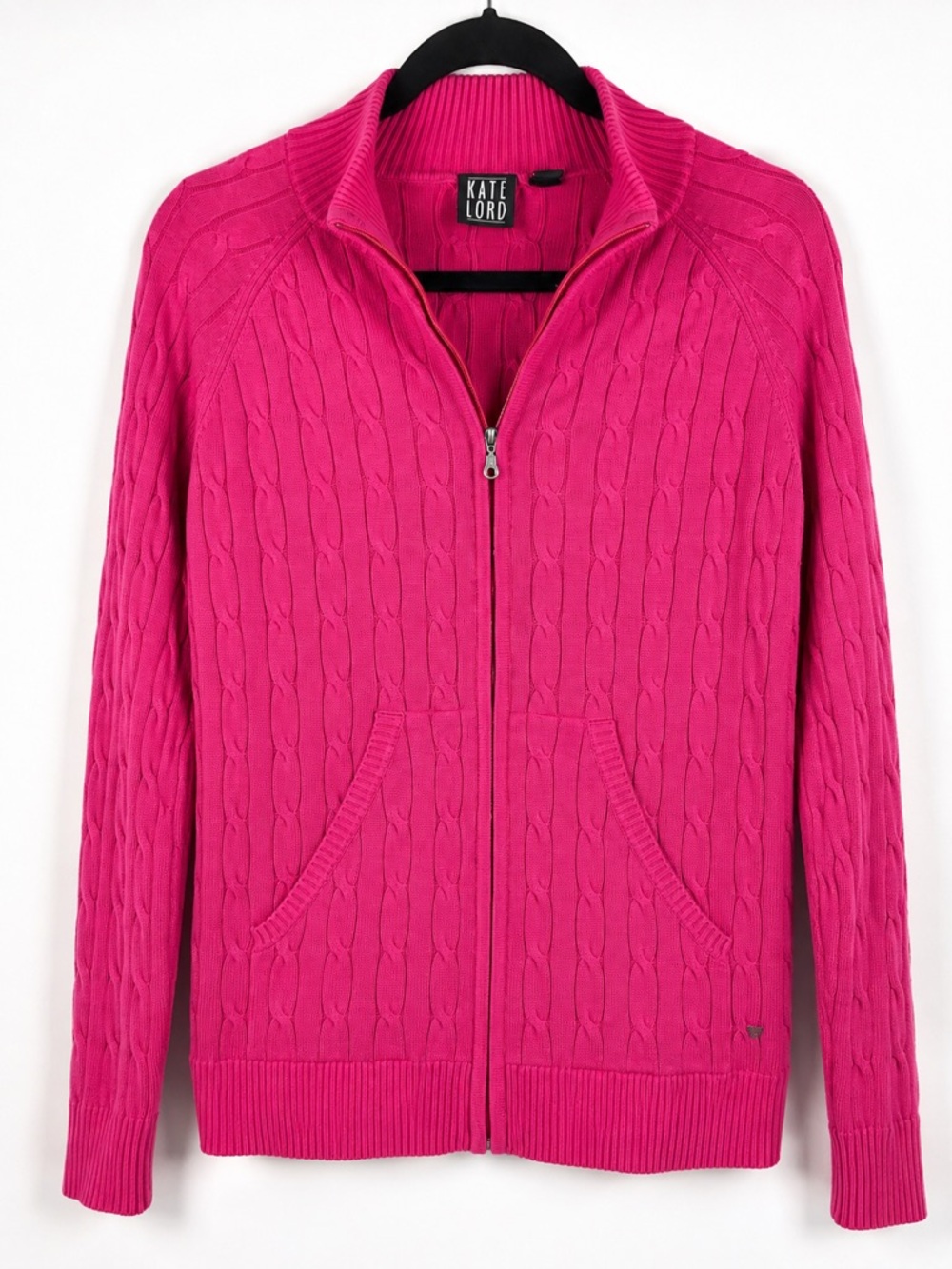 Kate Lord Womens Sweater L Pink Cable Knit Full Zip Golf Cardigan Pockets - Picture 2 of 13